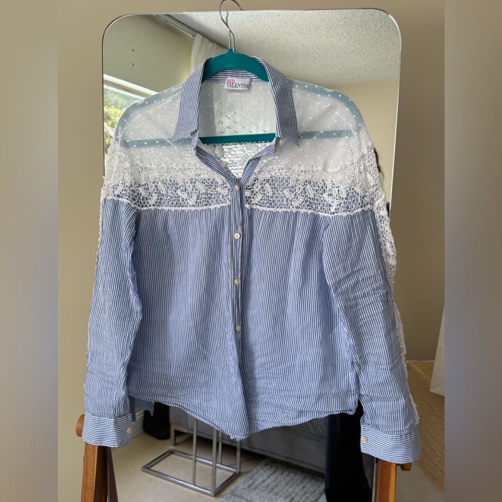 RED Valentino Teal and White Striped Lace Blouse